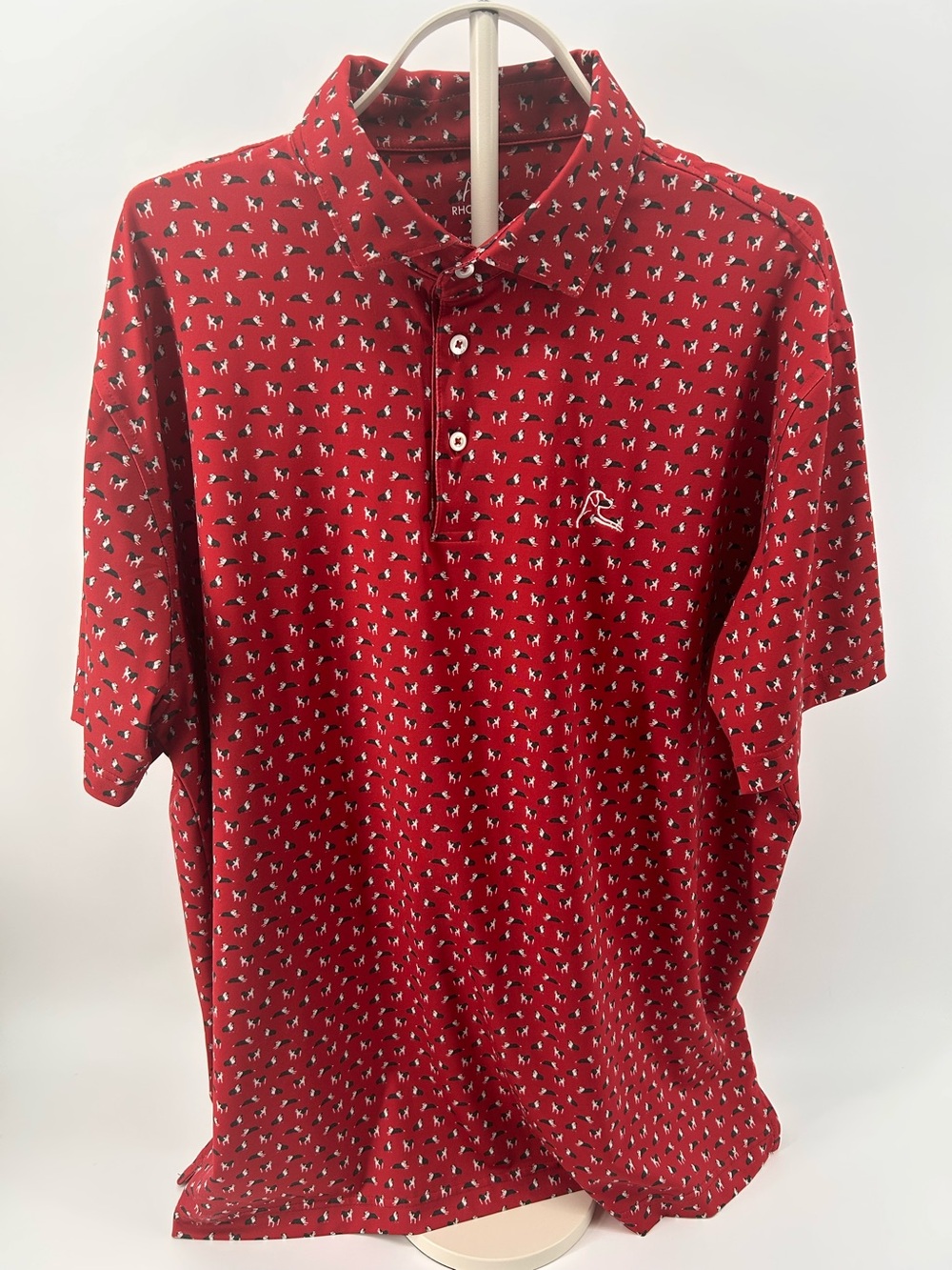 Rhoback Polo Shirt Red Bulldog Print Performance Golf Polo Men’s XL Stretch